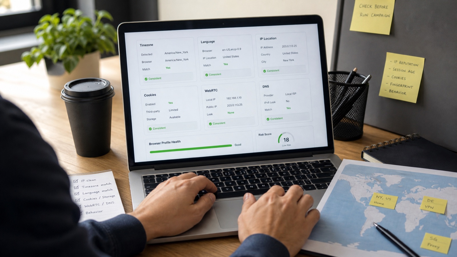Kiểm tra sự nhất quán của browser fingerprint, timezone và cookie